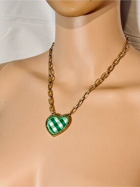 Gold-Tone Green Gingham Fabric Heart Pendant Paperclip Chain Necklace
